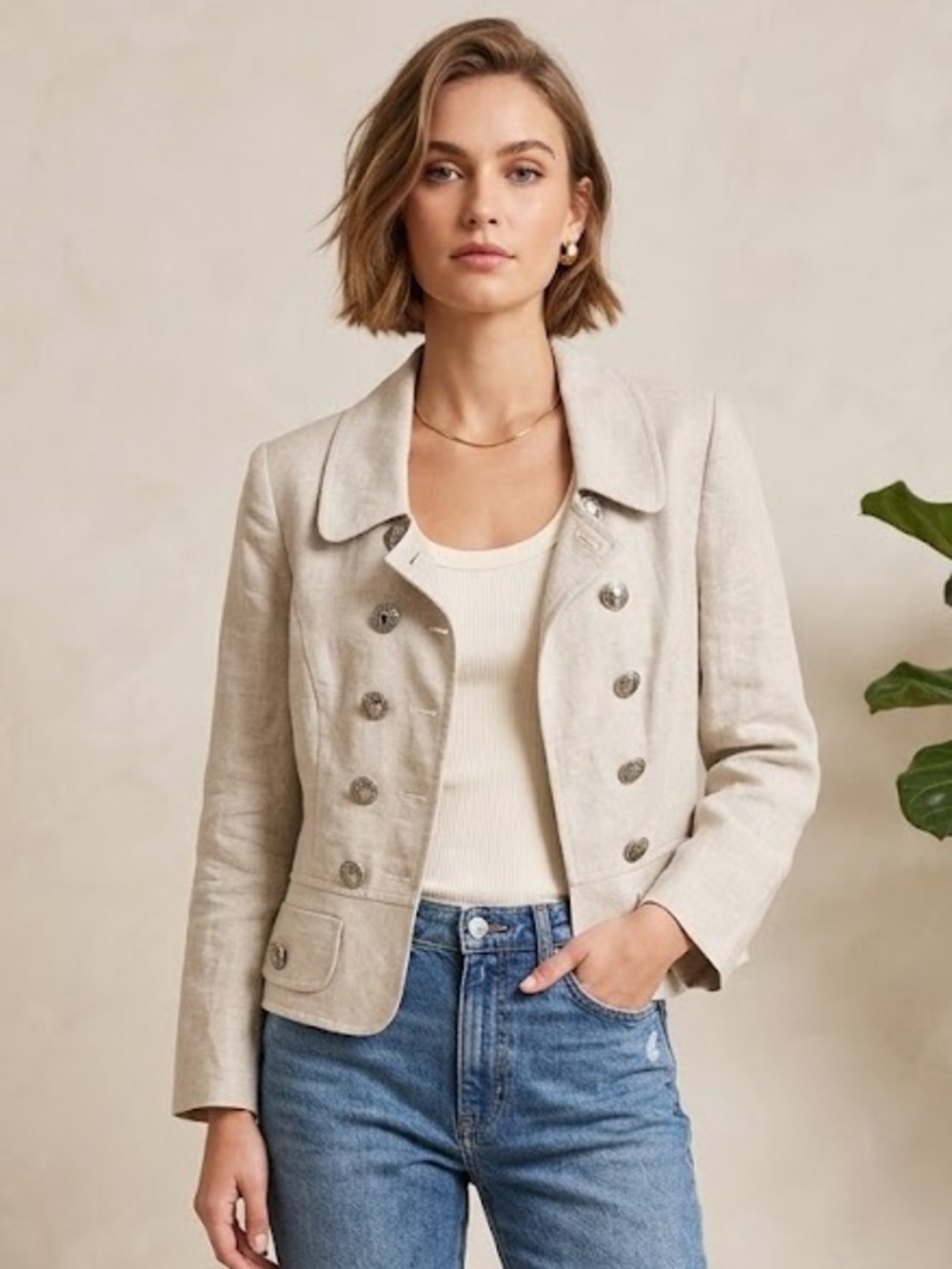 Vintage Moschery cream / tan Double Breasted Linen Blazer Size 4
